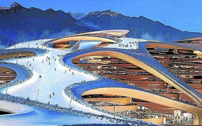 Recreación virtual de la ciudad-resort que Arabia Saudí va a construir en el desierto para los Juegos Asiáticos de Invierno de 2029. | FOTO: NEOM