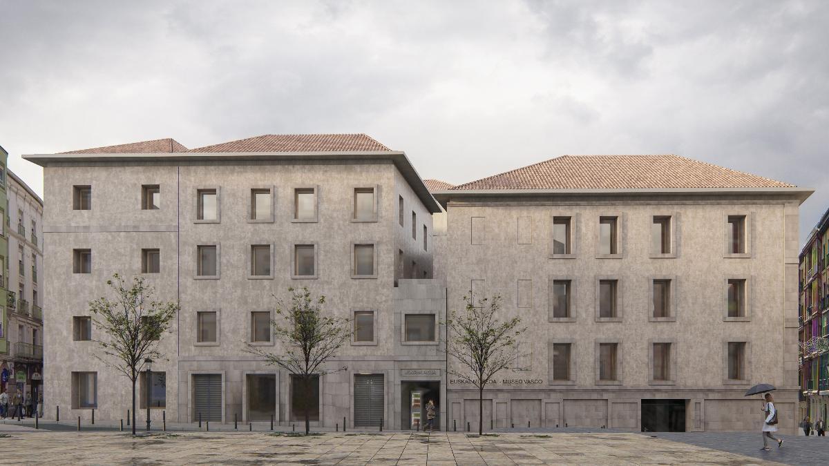 Vista de la fachada exterior del renovado Museo Vasco con los tres bloques expositivos.