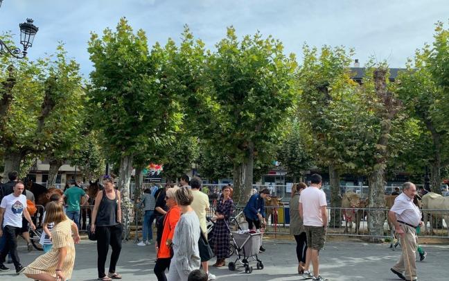 Personas caminando por la plaza de Lazkao en un Basherri Eguna de las fiestas de San Miguel. | FOTO: M.A.