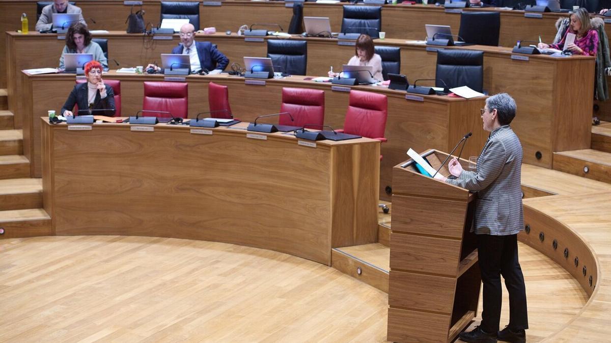 La parlamentaria de Geroa Bai, Ana Ansa, este jueves durante la interpelación en el Parlamento.