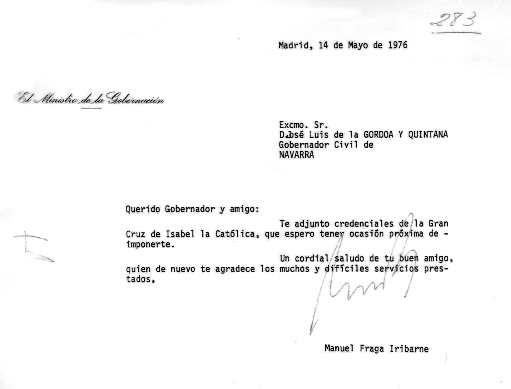 Uno de los documentos donados, con membrete del ministro de la Gobernación, Manuel Fraga, días después de Montejurra 1976.