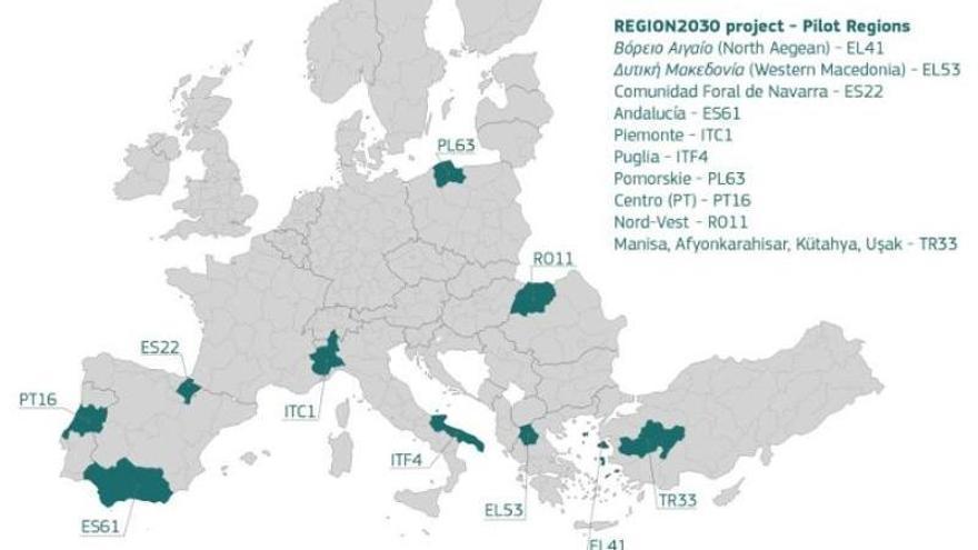 Mapa con las regiones europeas seleccionadas.