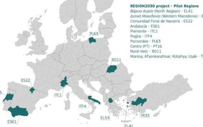 Mapa con las regiones europeas seleccionadas.