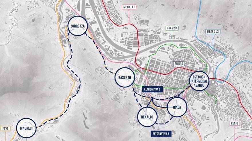 Mapa de las dos opciones del trazado de la línea 4 del metro de la que fue elegida la alternativa A