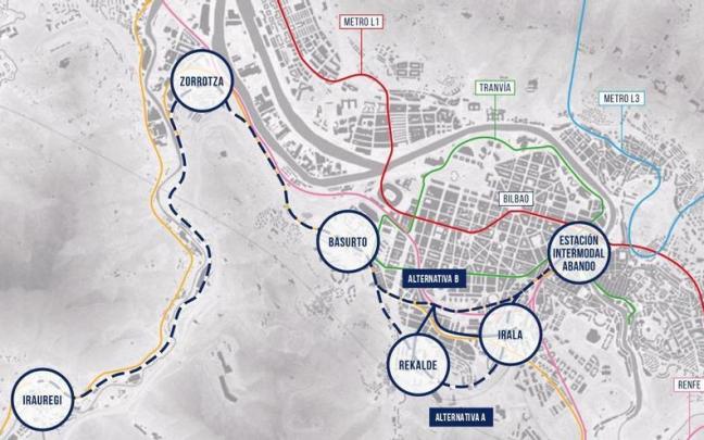 Mapa de las dos opciones del trazado de la línea 4 del metro de la que fue elegida la alternativa A
