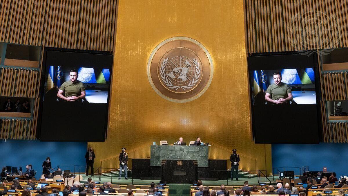 El presidente ucraniano, Volodomir Zelenski, durante su intervención en la Asamblea General de la ONU.