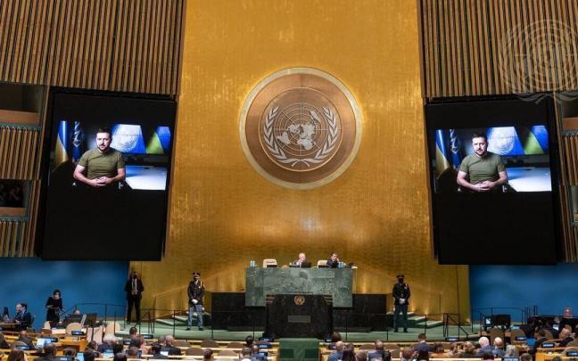 El presidente ucraniano, Volodomir Zelenski, durante su intervención en la Asamblea General de la ONU. El presidente ucraniano, Volodomir Zelenski, durante su intervención en la Asamblea General de la ONU.