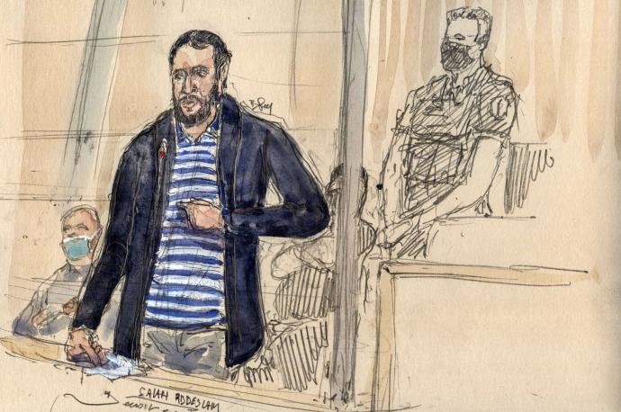 Dibujo que muestra a Salah Abdeslam en la sala del juicio