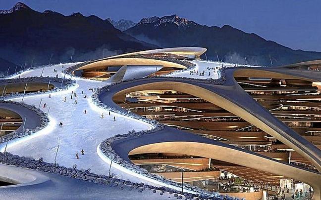 Recreación virtual de la ciudad-resort que Arabia Saudí va a construir en el desierto para los Juegos Asiáticos de Invierno de 2029. | FOTO: NEOM