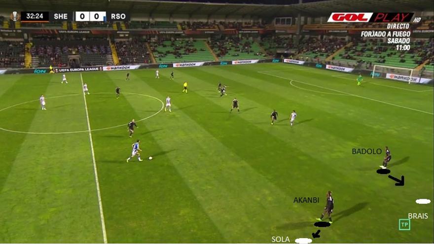 El míster pasó luego a dibujar salida de cuatro con Sola más bajo y con Brais cayendo a menudo al puesto de extremo diestro. Esto dio pie a situaciones en las que Akanbi (actuó de carrilero en defensa) presionaba por delante de Badolo (acompañaba a Brais y cerraba como lateral).