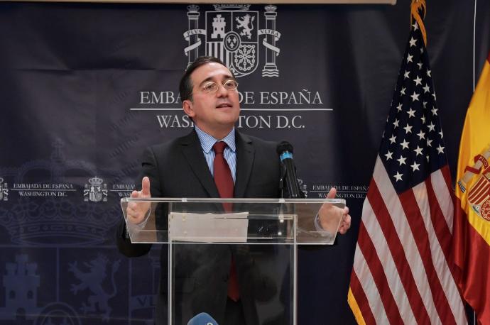 El ministro español de Exteriores, José Manuel Albares, en un acto este miércoles en la embajada de EE UU en Madrid.
