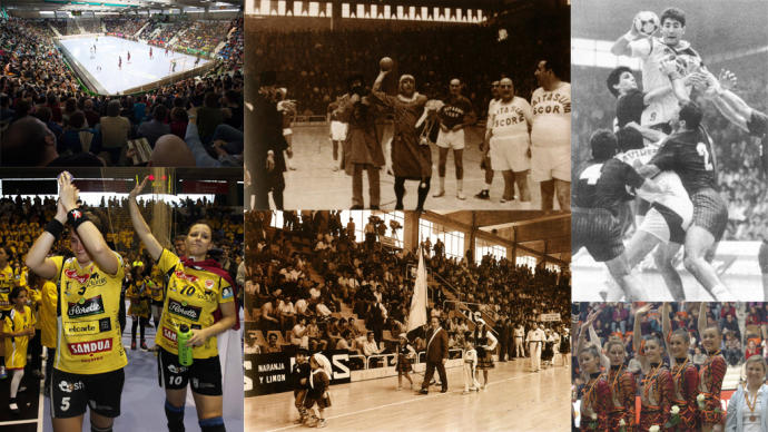 Collage con el pabellón actual, el desfile celebrado durante la inauguración; de la Final de la Copa del Rey de 1992; de uno de los partidos de 'Gordos y Flacos'; del equipo sénior de Anaitasuna en 2005; yde Naiara Egozkue y Macarena Aguilar, tras la fina