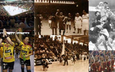 Collage con el pabellón actual, el desfile celebrado durante la inauguración; de la Final de la Copa del Rey de 1992; de uno de los partidos de 'Gordos y Flacos'; del equipo sénior de Anaitasuna en 2005; yde Naiara Egozkue y Macarena Aguilar, tras la fina