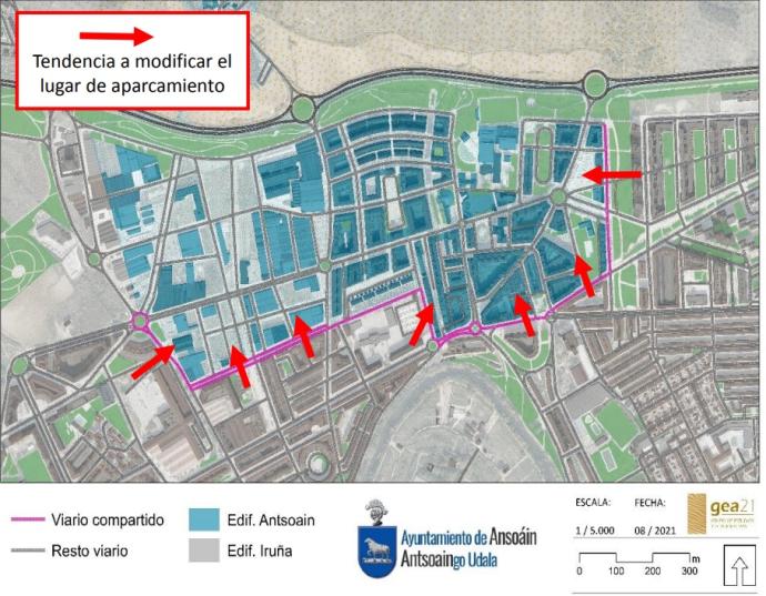 Plano de Ansoáin y tendencias de aparcamiento en las calles en las que hace frontera con Pamplona.