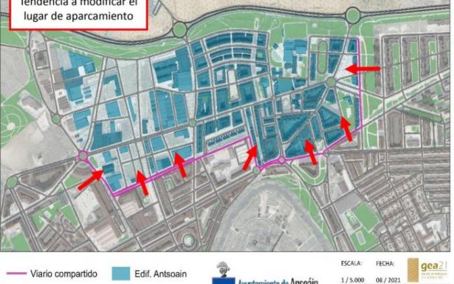 Plano de Ansoáin y tendencias de aparcamiento en las calles en las que hace frontera con Pamplona. Plano de Ansoáin y tendencias de aparcamiento en las calles en las que hace frontera con Pamplona.