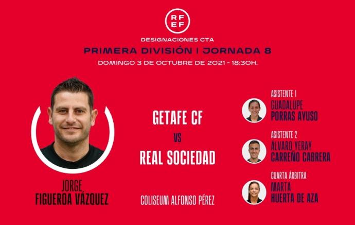 El Getafe-Real Sociedad del domingo contará por primera vez con dos hombres y dos mujeres en el cuarteto arbitral.