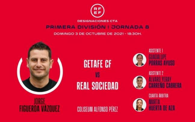 El Getafe-Real Sociedad del domingo contará por primera vez con dos hombres y dos mujeres en el cuarteto arbitral.