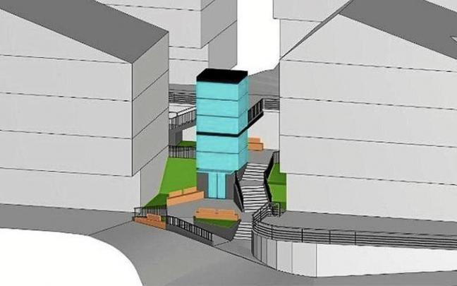 Imagen del proyecto para instalar un ascensor, que partirá entre los portales 3 y 5 del grupo Alaialde, en Egia.