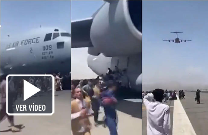 Secuencia de imágenes de decenas de afganos tratando de huir en avión.
