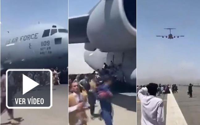 Secuencia de imágenes de decenas de afganos tratando de huir en avión.