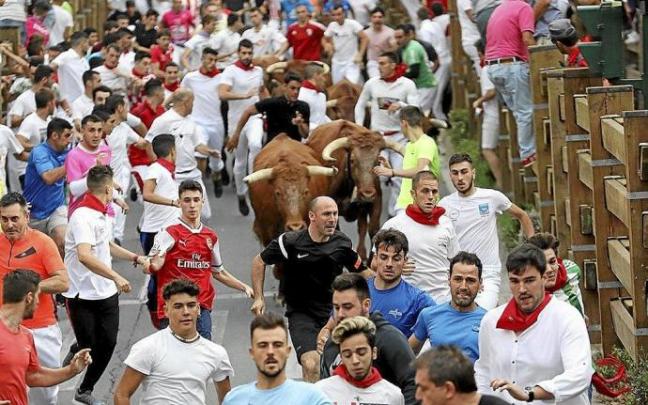 Encierro con toros de la ganadería de Toropasión en las fiestas de Tudela de 2019 Foto: U.B.