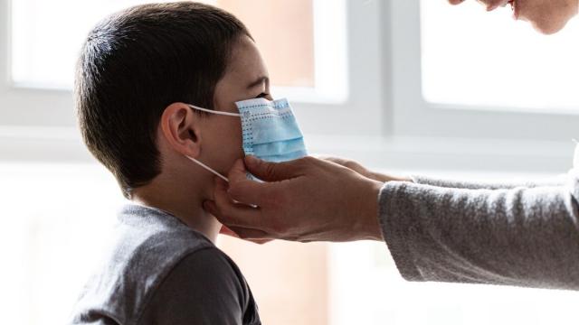 Una madre coloca a su hijo una mascarilla en Vitoria-Gasteiz. Una madre coloca a su hijo una mascarilla en Vitoria-Gasteiz.