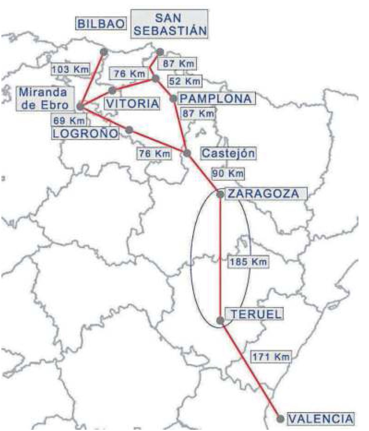 Corredor Cantábrico-Mediterráneo. El eje Zaragoza-Teruel-Valencia es el que concentra mayor inversión. El mapa del Ministerio coloca erróneamente Castejón fuera de Navarra.