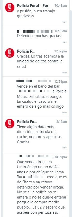 Imagen de la conversación del aviso anónimo a la Policía Foral