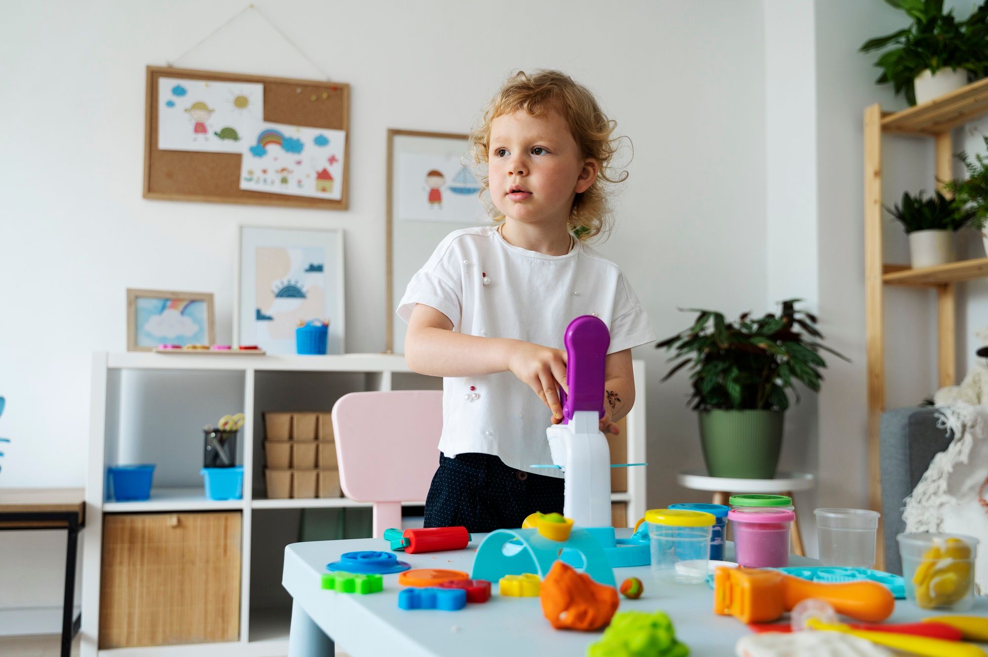 Un niño juega solo en una mesa llena de plastilina.