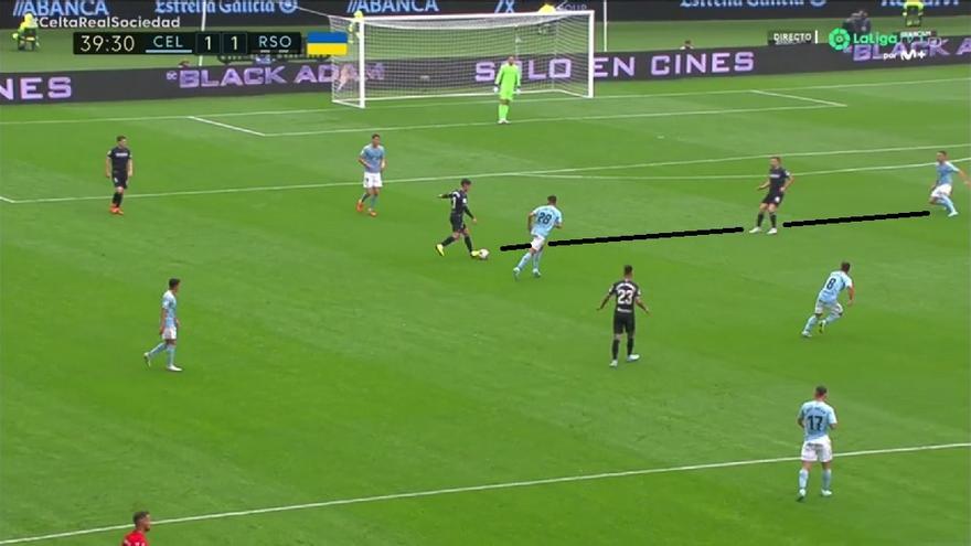 El Celta encuentra el merecido empate tras un error de Zubimendi... y también tras un acierto-pillería de Iago Aspas. Espera el pase del pivote realista a Le Normand 'escondido' tras Illarra. ¿Casualidad? Imposible responder con certeza absoluta, pero no tiene pinta.