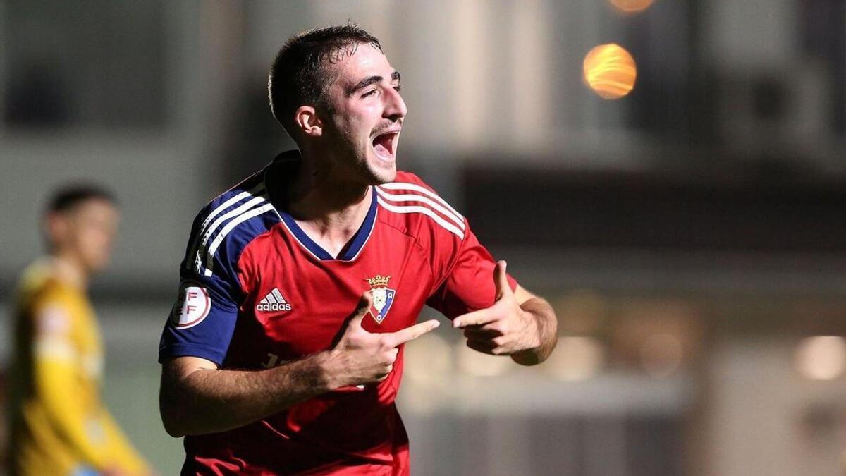 Eneko Aguilar celebra su tanto conseguido ante el Nàstic de Tarragona este jueves.