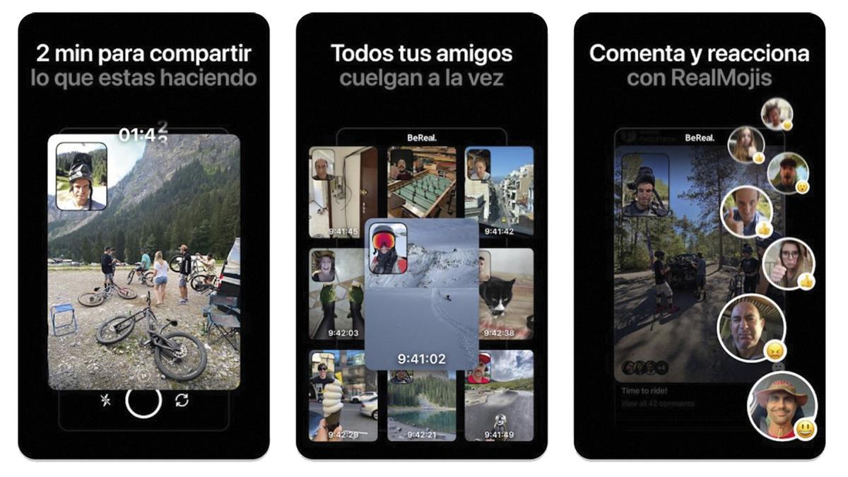 Distintas opciones que ofrece Be Real para navegar por la aplicación.