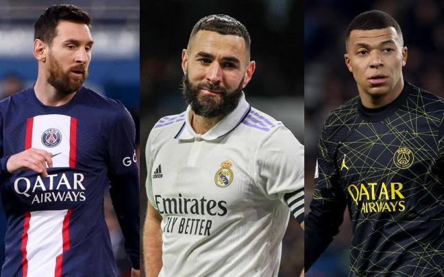 Lionel Messi (PSG), Karim Benzema (Real Madrid) y Kylian Mbappé (PSG).