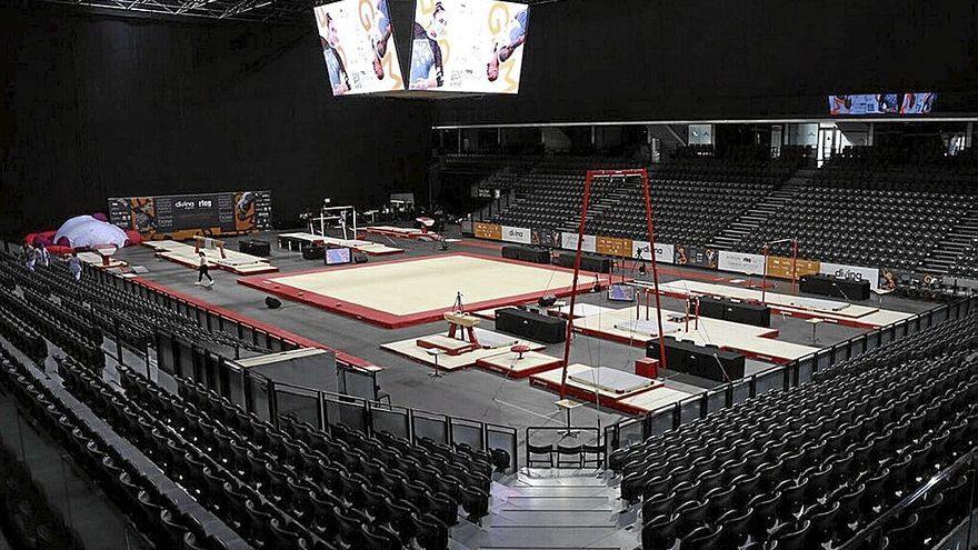 Imagen del Navarra Arena, preparado ya para para la disputa del Campeonato de España de gimnasia artística.