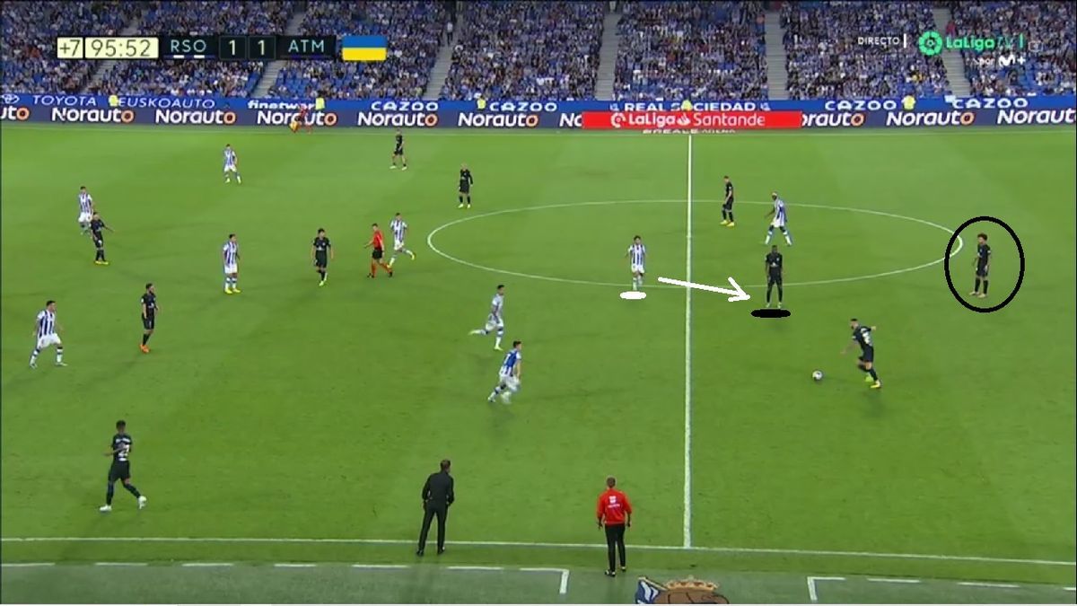 Y sufrió la Real en general para conservar el 1-1 en los últimos minutos. Según Imanol, faltó durante el partido algo de madurez para escoger en mayor medida las presiones altas y vivir también fases de repliegue. En cualquier caso, en el tramo final del duelo y con el depósito justito, sí vimos a los txuri-urdin con actitud más conservadora. Kubo (mediapunta) ya no salta a por Witsel, que queda libre, y se empareja dentro con Kondogbia