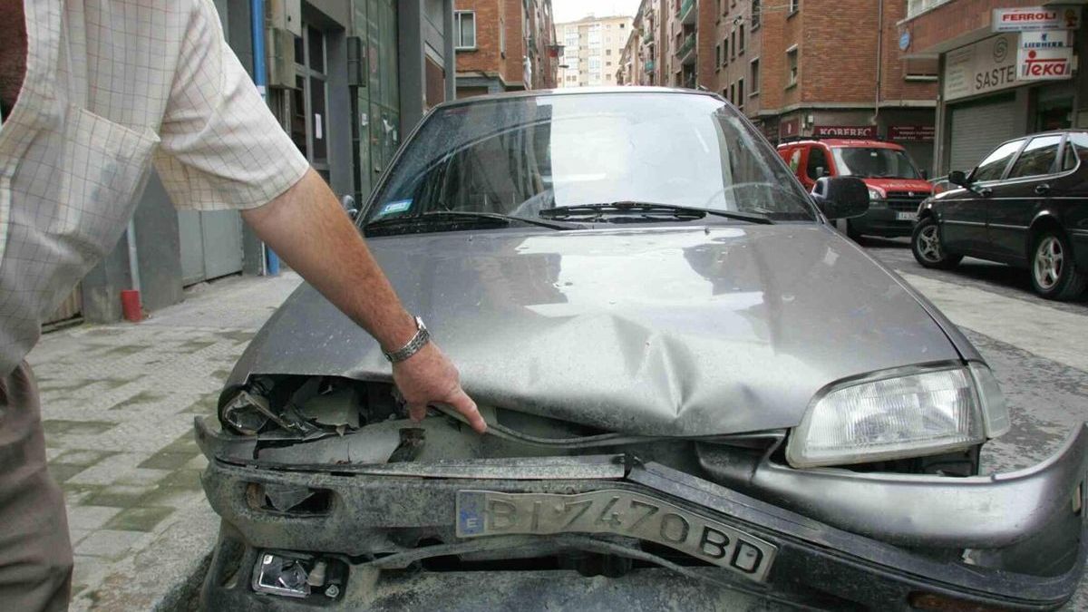 Un hombre señala los desperfectos de un coche tras sufrir un accidente con un animal en una carretera.