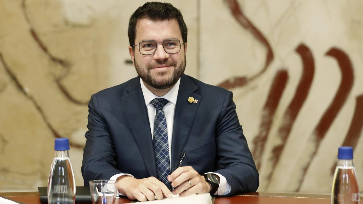 El president de la Generalitat, Pere Aragonès, durante a la reunión semanal del Govern, celebrada este martes.