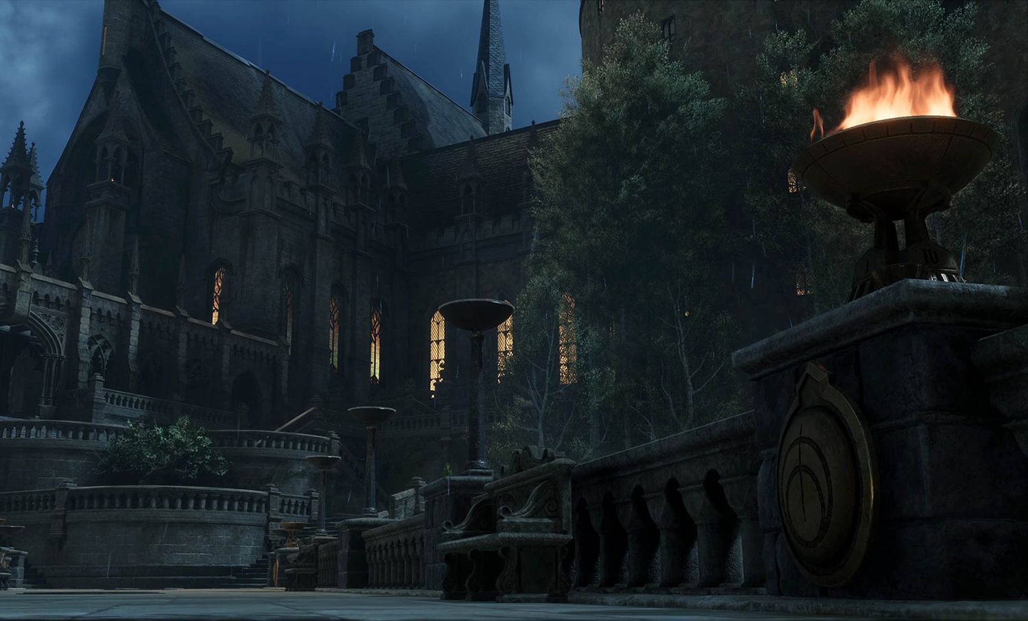 Una zona exterior del castillo de Hogwarts en el videojuego.