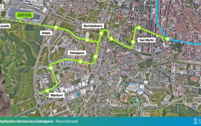 El trazado completo del futuro tranv&iacute;a a Zabalgana, al detalle