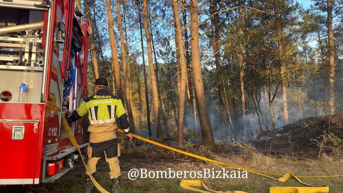 Bomberos en pleno trabajo de extinción del fuego en Zeberio