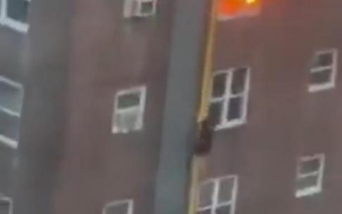 Momento en el que los dos jóvenes bajaban por el poste. Momento en el que los dos jóvenes bajaban por el poste.