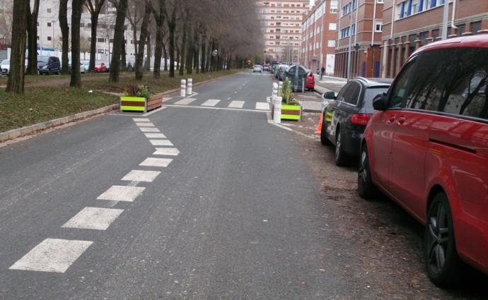 Las jardineras obligan a pasar por un único carril en ese paso de peatones de Blas de Otero.