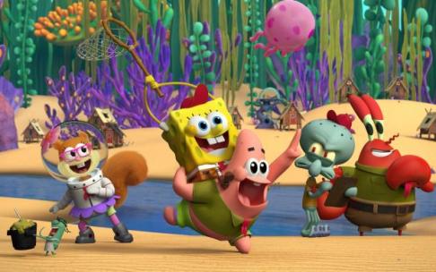 Los pequeños Bob Esponja y Patricio, con Arenita, Calamardo y el Sr. Cangrejo.