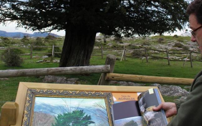Iñaki García Uribe muestra el lienzo basado en una fotografía suya del tejo de Aginalde.