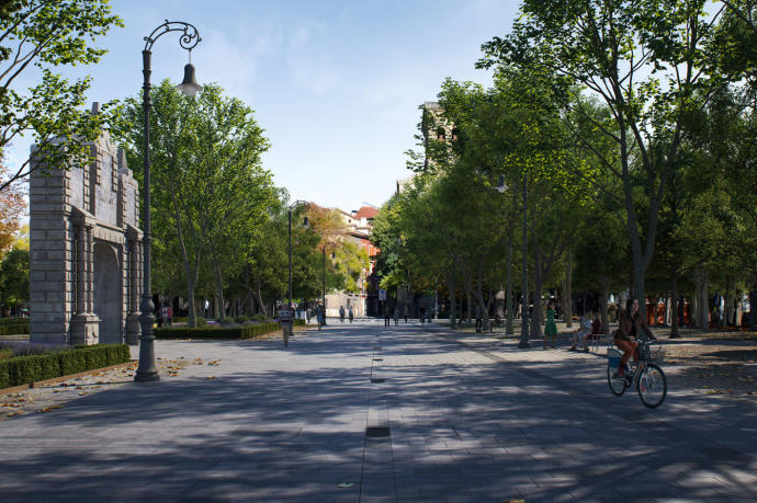 Imagen actual de la calle Bosquecillo, salida del Casco Viejo y eje del Camino de Santiago en la ciudad.