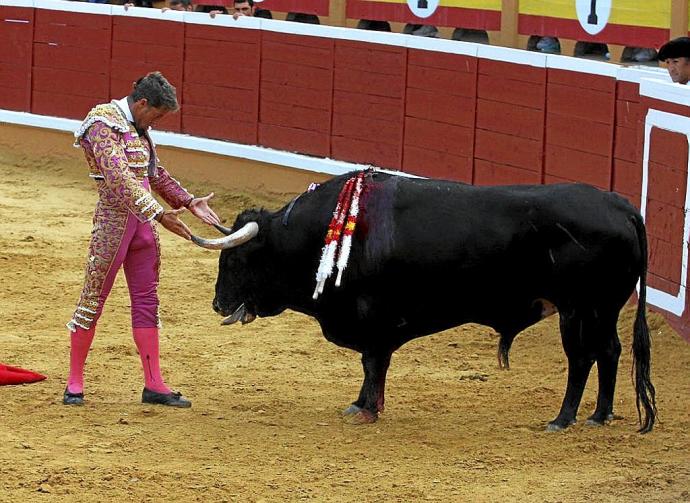 Escribano se desplanta posando sus manos en los pitones del segundo toro, 'Ventolín'.