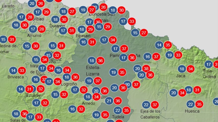 Temperaturas máximas y mínimas para el domingo.