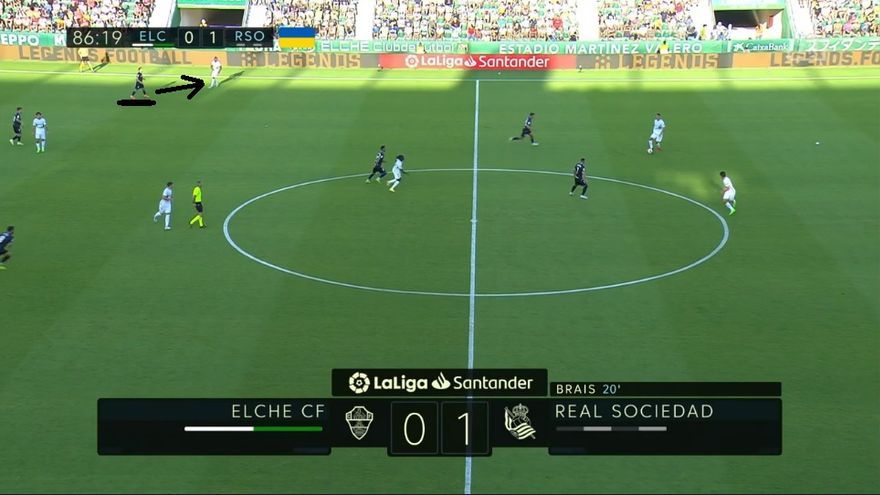 Pero cuando el propio Palacios gana altura, con su equipo ya volcado a por el empate, obliga al de Mutriku a defender en una posición muy anti natural y retrasada, de ‘carrilero’ zurdo, como se aprecia en la imagen.