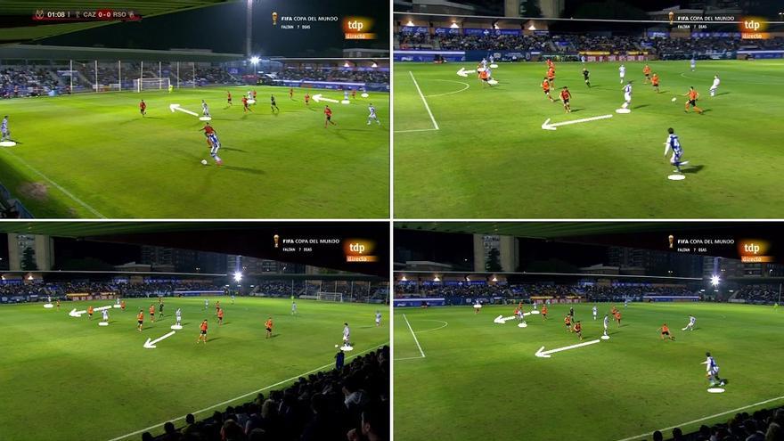 Tanto en la acción del primer gol como en varias posteriores se apreció esa ocupación de las cinco posiciones de ataque que veíamos en la primera imagen ante el Becerril. Importante la labor de Illarra (sobre todo) y de Turrientes, amenazando y fijando marcas en primera línea ofensiva.