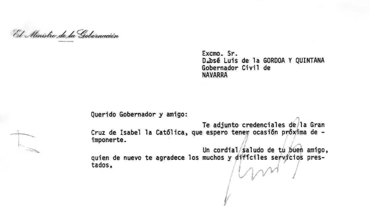 Uno de los documentos donados, con membrete del ministro de la Gobernación, Manuel Fraga, días después de Montejurra 1976.